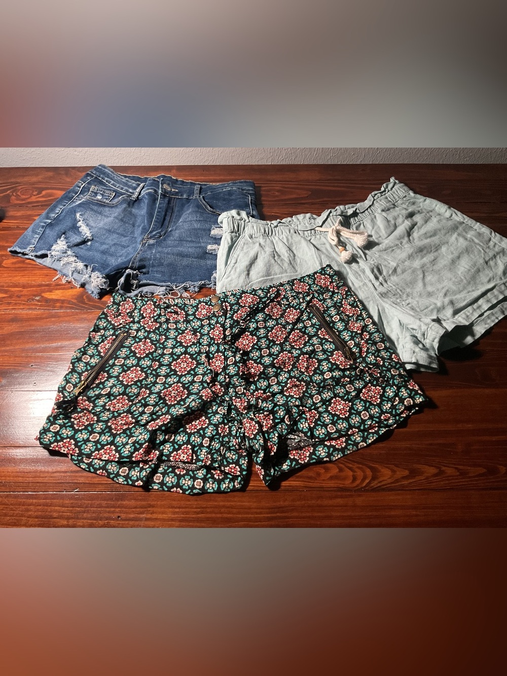 Lot x3 Women's Shorts Size L Linen Blend Blue SHEIN Cutoff Jeans Boho Print